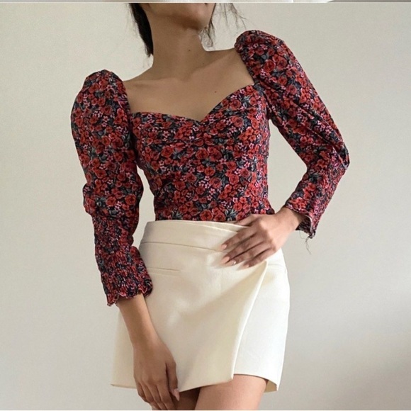 ZARA Floral Puff Sleeve Heart Shape Top Size Large - Picture 1 of 15